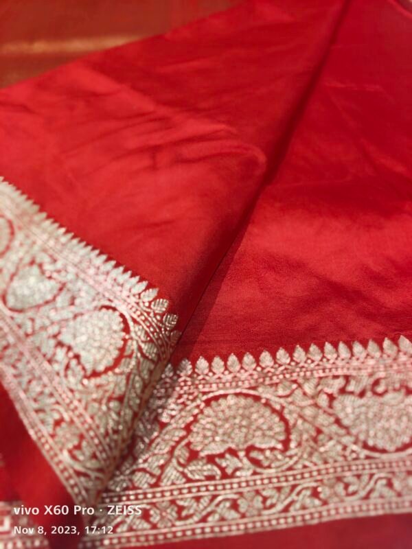 Bright Red Banarasi Silk Handloom Saree - Image 2