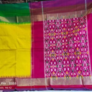 Adding a dashing enchantment to this alluring blue pocham palli saree handloom saree, where it is accentuated with c motifs woven yellow and pink in woven border and pallu.