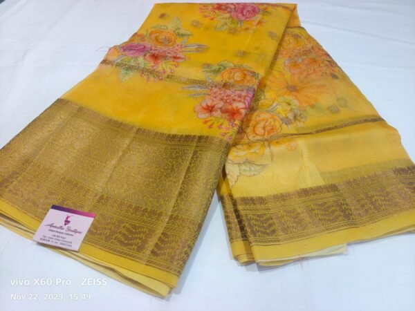 Yellow Organza Banarasi Saree - Image 3