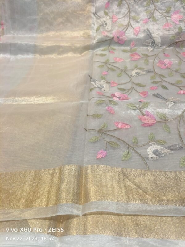 Pink and Cream Organza Banarasi Saree - Image 2