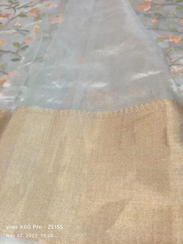 Pink and Cream Organza Banarasi Saree - Image 3