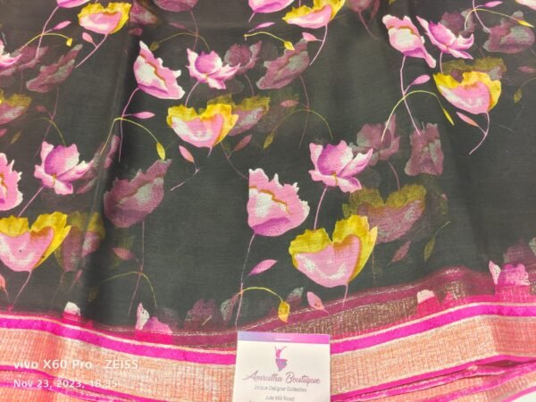 Black and Pink  Semi chiffon Saree - Image 3