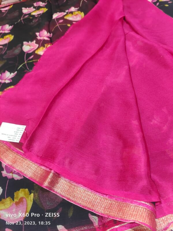 Black and Pink  Semi chiffon Saree - Image 2