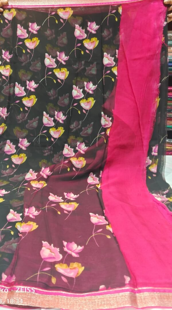 Black and Pink Semi chiffon Saree