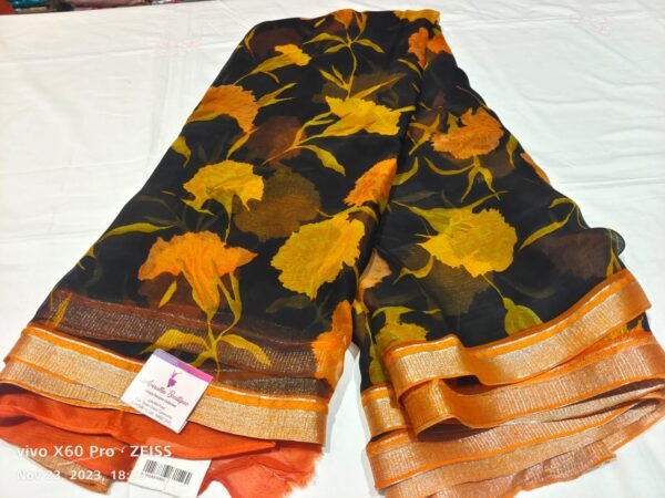 Black   and Orange Semi chiffon Saree - Image 4