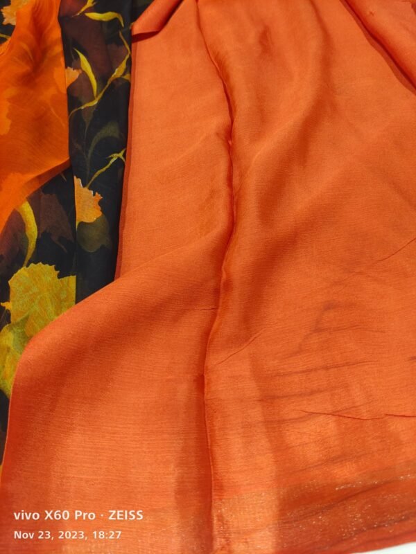 Black   and Orange Semi chiffon Saree - Image 2