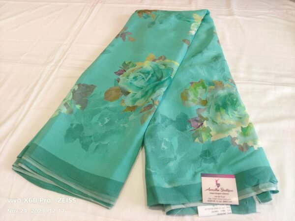 Blue  Crepe Saree with Floral Print - Image 4