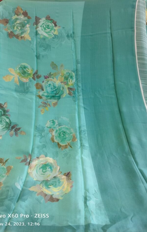 Blue  Crepe Saree with Floral Print - Image 2