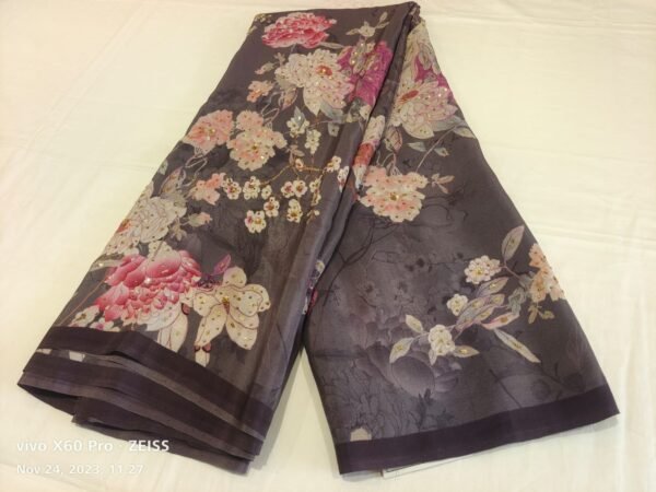 Grey Crepe Saree with Floral Print - Image 3