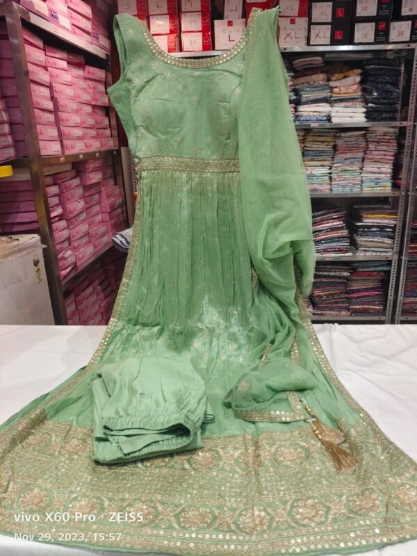 Green work party wear anarkali suit - Image 2