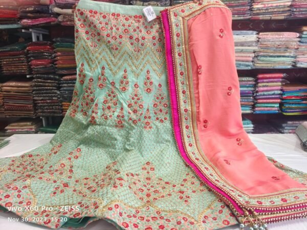 Green Party Wear Semi Stitched Lehenga Set - Image 2