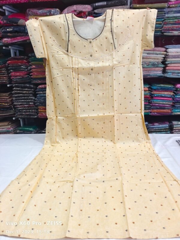 Cream Floral Print & Short Sleeves Women Night Gown / Nighty