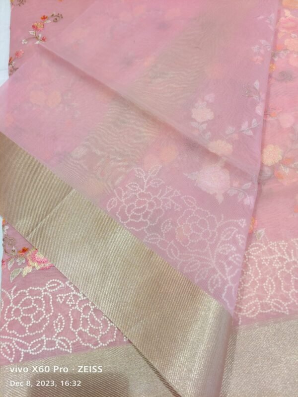 Pink Banarasi Woven Kora Silk Saree - Image 3