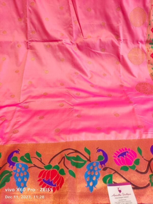 Pink Semi Paithani Silk Saree - Image 4