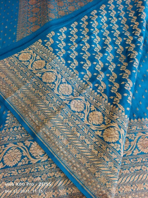 Sky Blue Banarasi Crepe Silk Saree - Image 3