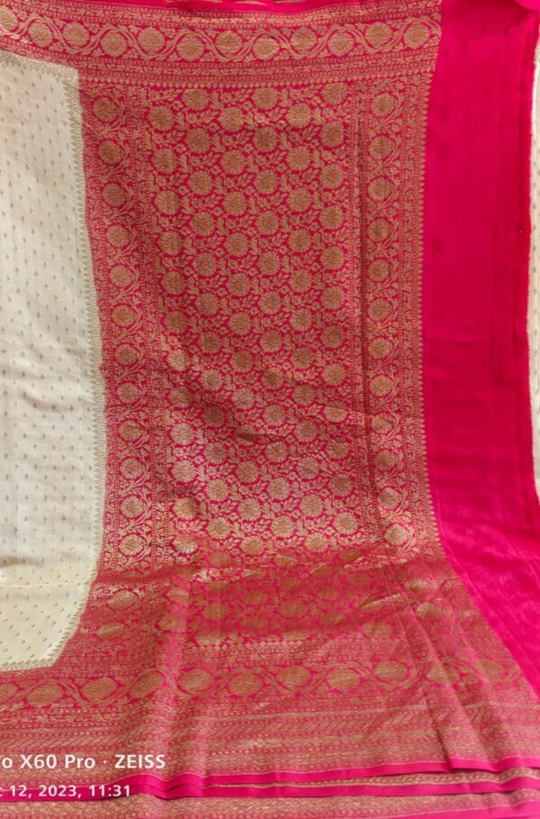 Cream Banarasi Crepe Silk Saree