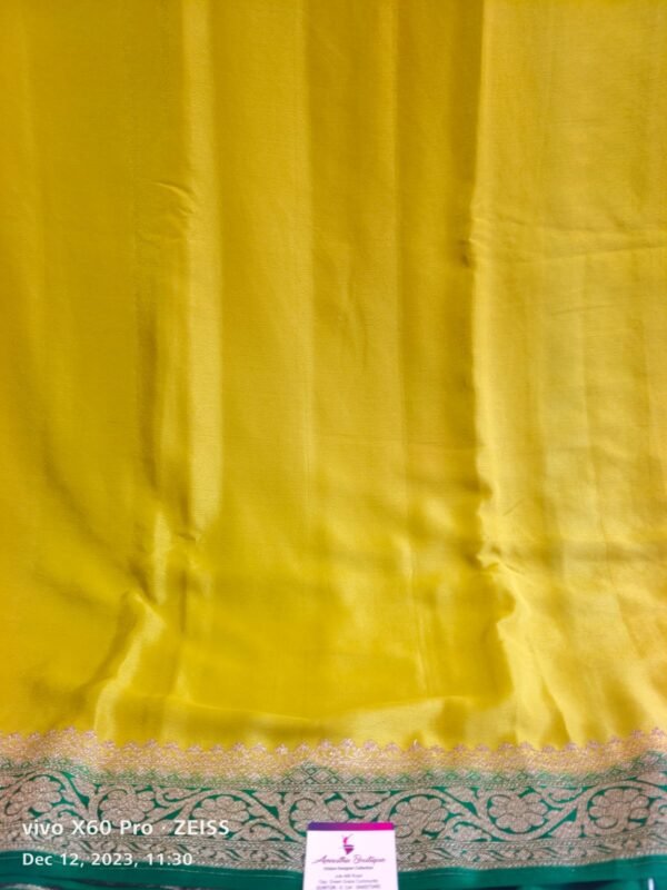 Green and Lemon yellow Banarasi Crepe Silk Saree - Image 3