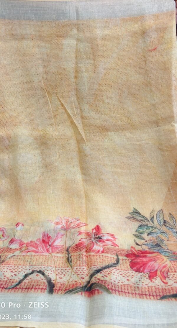 Yellow Handloom Linen Saree - Image 3