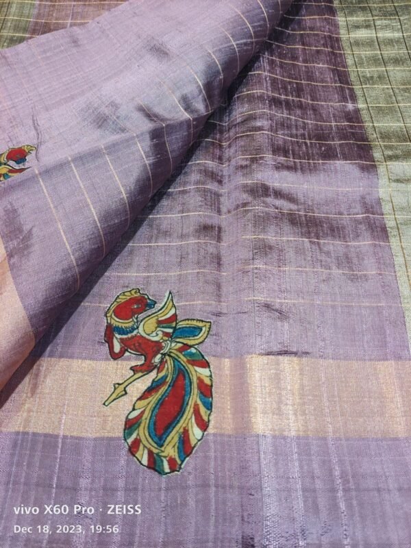 Green and Violet Pure Khadi Silk Saree - Image 2