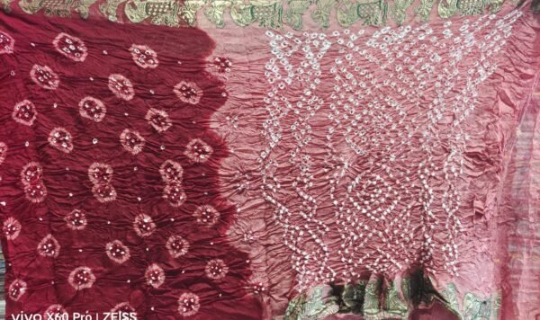 RED and PEACH WITH GOLDEN PURE BANDHINI SAREE - Image 2